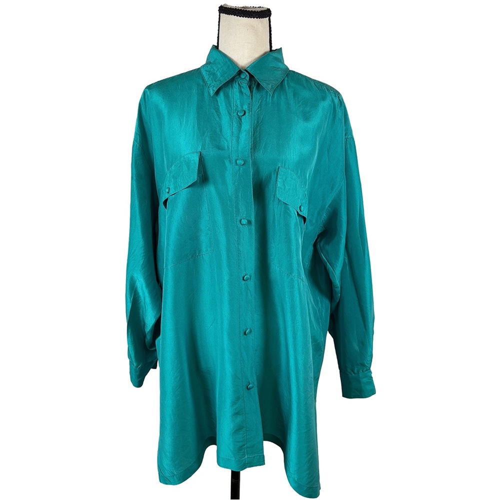 Vintage New York Studio Silk Button Up Shirt | Teal Oversized